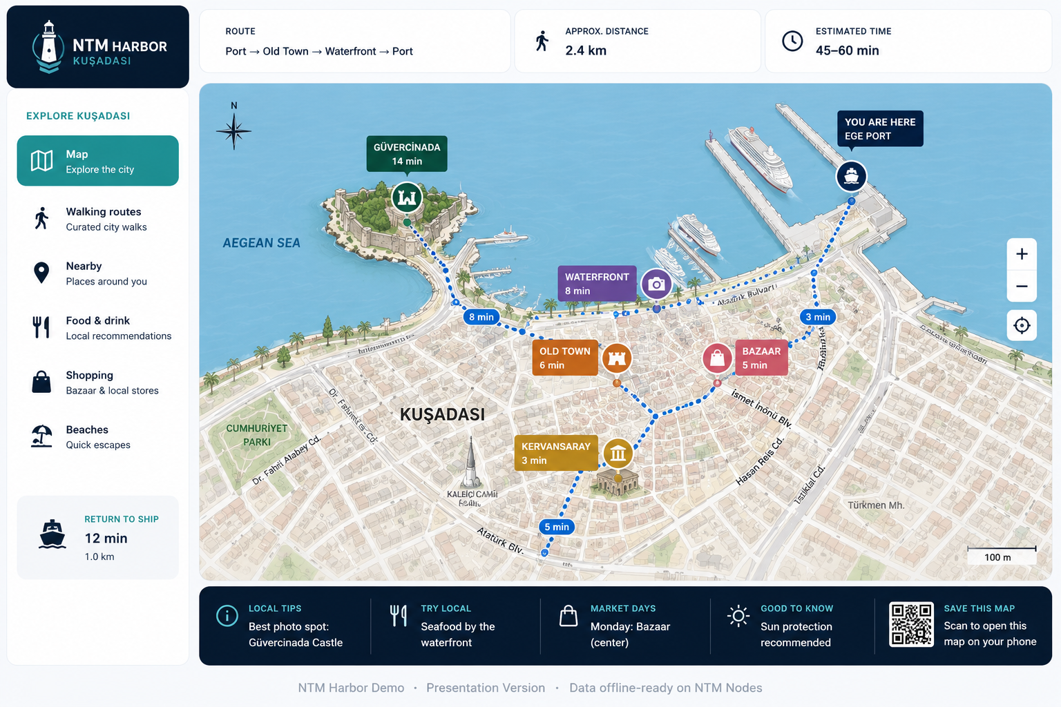 NTM Harbor visitor map of Kuşadası showing Ege Port, Old Town, Bazaar, waterfront and Güvercinada